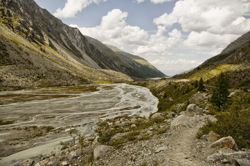 Fototapeta premium Altai. Mountain turbulent river flows among the trees. In the distance the mountains. Neighborhood Belugas, photo made in the campaign, in the summer, Russia.