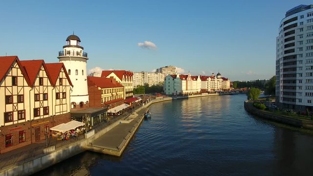 The Fishing Village, most visible landmark of Kaliningrad, evening time