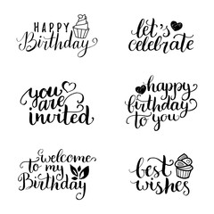 Vector Happy Birthday hand lettering collection, Big Party, Best Wishes etc. Calligraphy set for greeting cards etc.