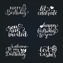 Vector Happy Birthday hand lettering collection, Big Party, Best Wishes etc. Calligraphy set for greeting cards etc.