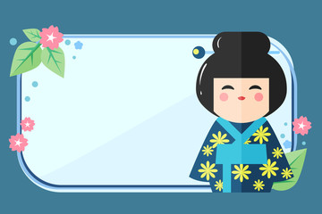 Greeting Card Template with Japanese Kokeshi Doll icon. Kawaii asian design with a place for your text