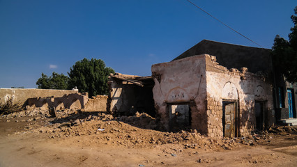 Ruined house on the street of Berbera in Somaliland, Somalia
