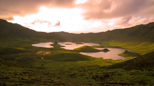 Landscape sunset view to Caldeirao crater at Corvo island, Azores, Portugal