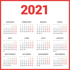 Calendar for 2021 Year on White Background. Week Starts Monday. Simple Vector Template. Stationery Design Template