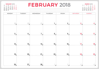 February 2018. Calendar planner design template. Week starts on Monday. Stationery design