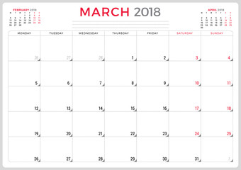 March 2018. Calendar planner design template. Week starts on Monday. Stationery design