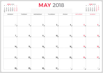 May 2018. Calendar planner design template. Week starts on Monday. Stationery design