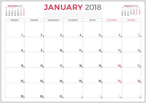 January 2018. Calendar planner design template. Week starts on Monday. Stationery design