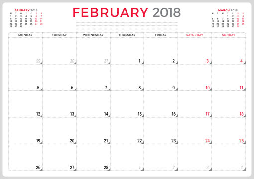 February 2018. Calendar planner design template. Week starts on Monday. Stationery design