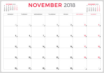 November 2018. Calendar planner design template. Week starts on Monday. Stationery design