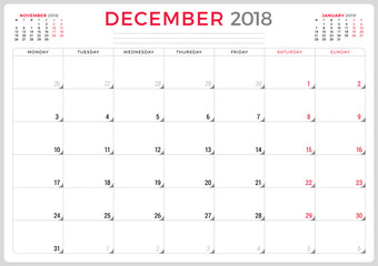 December 2018. Calendar planner design template. Week starts on Monday. Stationery design