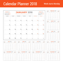 Calendar planner for 2018 year. Vector design template. Week starts on Monday. Stationery design. Set of 12 months