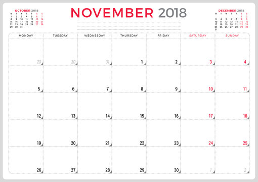 November 2018. Calendar planner design template. Week starts on Monday. Stationery design