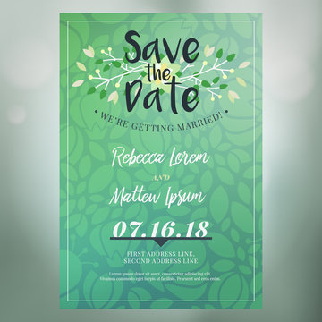 Save the date. Wedding invitation card design template with colorful blurred background. Place for photo. Stationery design. Vector illustration