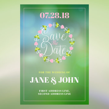 Save the date. Wedding invitation card design template with colorful blurred background. Place for photo. Stationery design. Vector illustration