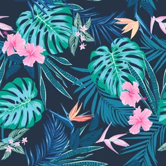 Wallpaper murals Paradise tropical flower Vector seamless tropical pattern, vivid tropic foliage, with monstera leaf, palm leaves, bird of paradise flower, hibiscus in bloom. modern bright summer print design