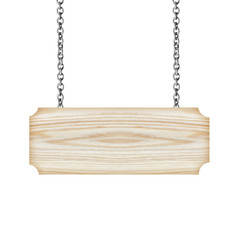 Wooden sign hanging on a chain isolate on white background