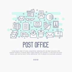 Fototapeta na wymiar Post office concept with thin line icons. Symbols of shipping, delivery, packaging. Vector illustration.