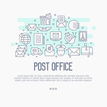 Post office concept with thin line icons. Symbols of shipping, delivery, packaging. Vector illustration.
