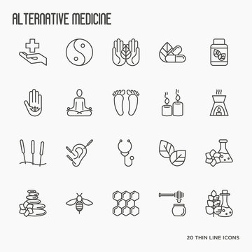 Alternative medicine thin line icon set. Elements for app or web site for yoga, acupuncture, wellness, ayurveda, chinese medicine, holistic centre. Vector illustration.