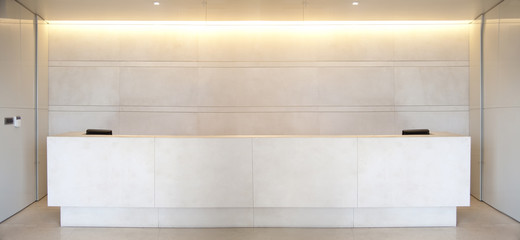 Reception desk in a corridor with large panoramic view
