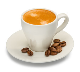 Coffee cup and coffee beans on white background