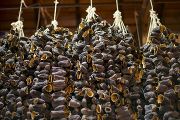  Dried peppers and aubergines in a famous local bazaar in Gaziantep, Turkey.	