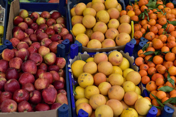 Organic apple, grapefruit and mandarin in a public bazaar