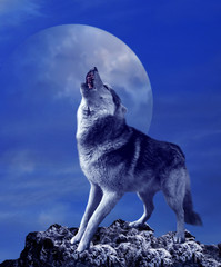 Un loup hurlant dans le contexte du ciel nocturne avec la lune