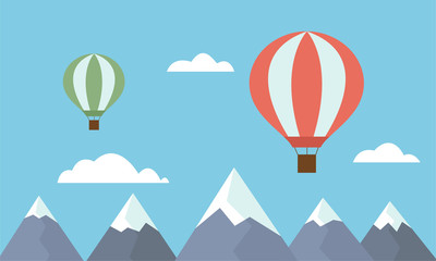 Fototapeta na wymiar View of two colorful hot air balloons jetting over mountain tops among clouds on blue sky - vector