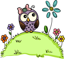Cute owl in a garden with flowers

