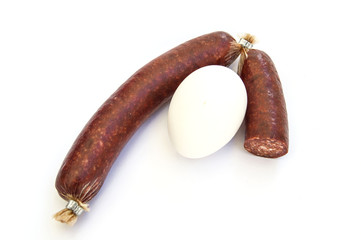 Beef sausage, breakfast sausage, knife-cut sausage, white background with sausage and egg pictures
