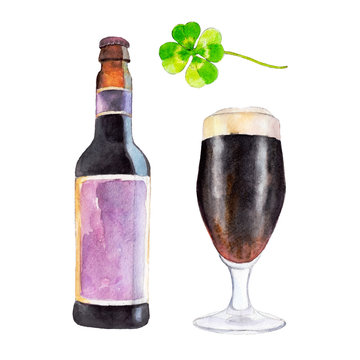 Set with bottle, glass of dark beer and the clover, watercolor illustration in hand-drawn style for St. Patrick's Day, isolated on white background.