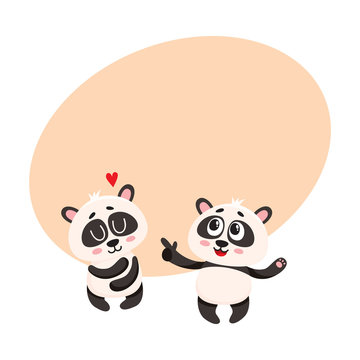 Two cute, funny smiling baby panda characters, one pointing to another hugging itself, cartoon vector illustration with space for text. Couple of cute panda bear characters, mascots, friends