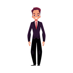 Obraz premium Happy young businessman standing in a black suit with a tie, cartoon vector illustration isolated on white background. Happy smiling businessman, worker
