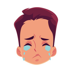 Young man face, crying facial expression, cartoon vector illustrations isolated on white background. Handsome boy emoji crying, shedding tears, sad, heart broken, in grief.