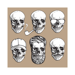 Set of human skull bones with sunglasses, beard, moustache, smoking pipe, sketch vector illustration isolated on brown background. Hand drawn skull with smoking pipe, cap, hipster beard, sunglasses