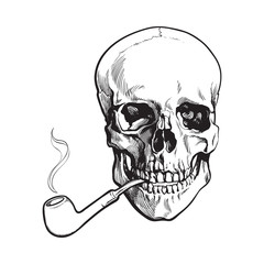 Hand drawn human skull smoking lacquered wooden pipe, black and white sketch style vector illustration isolated on white background. Realistic hand drawing of skull with smoking pipe