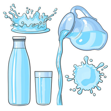 Splashing And Pouring Water, Bottle, Jug, Glass, Sketch Vector Illustration Isolated On White Background. Hand Drawn, Realistic Set Of Water Pouring From Jug, Glass, Bottle, Water Splashes