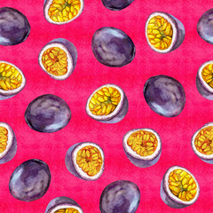 Watercolor seamless pattern with passionfruit on bright red background. Hand drawn watercolor illustration.
