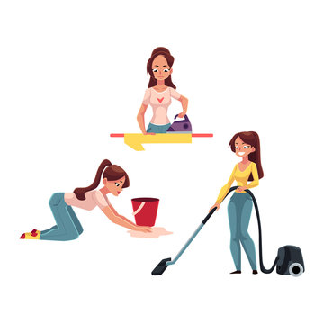 Young woman, housewife doing chores - ironing linen, washing and vacuum cleaning the floor, cartoon vector illustration isolated on white background. Woman, girl cleaning her house, ironing