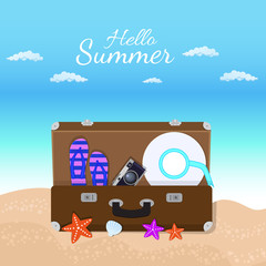 Hello Summer Vector Illustration - Bold Text with Palm Trees on blue Background and luggage