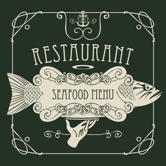 Vector restaurant menu of seafood with a picture of a hand with a tray on which is a big fish and anchor in a retro style with a curly frame on black background.