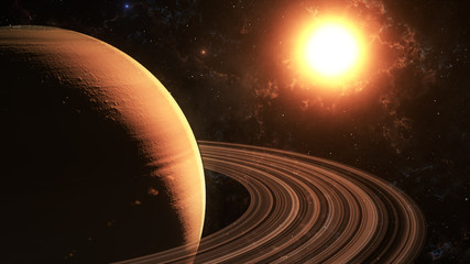 The sun shines on Saturn in space high quality 3d illustration. © flashmovie