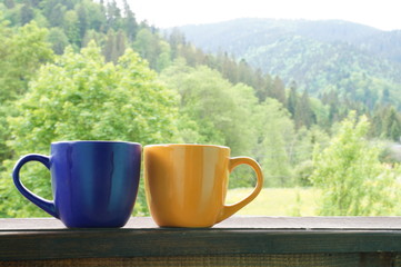 A beautiful cup with hot tea stands in front of a beautiful scenery