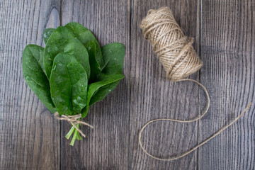 Bunch of fresh spinach with roots on rustic wooden background. Eco products