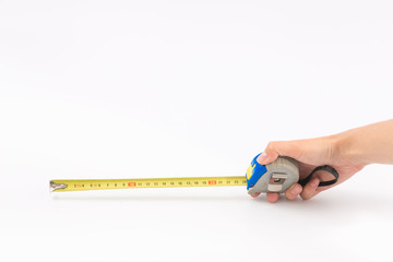 Female hands on a white background with a tape measure