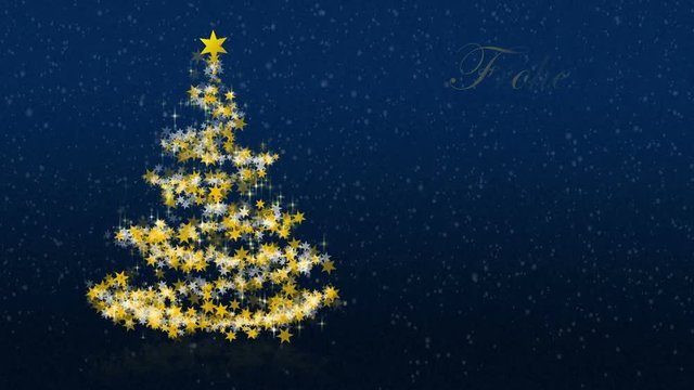 Christmas tree with glittering stars on blue background with seasons greetings, german version; part of a multilingual series, approx. 25 sec.