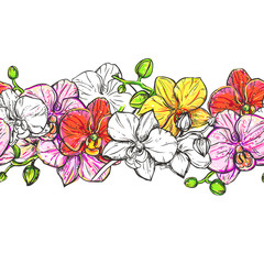 flowers seamless pattern of color and monochrome orchid. hand drawn illustration on white background. sketch. vector eps 8
