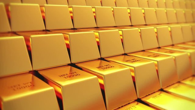 4k Gold bullion gold bars treasury wealth Ingot luxury finance goods trading,3D animation of stacked gold bars.